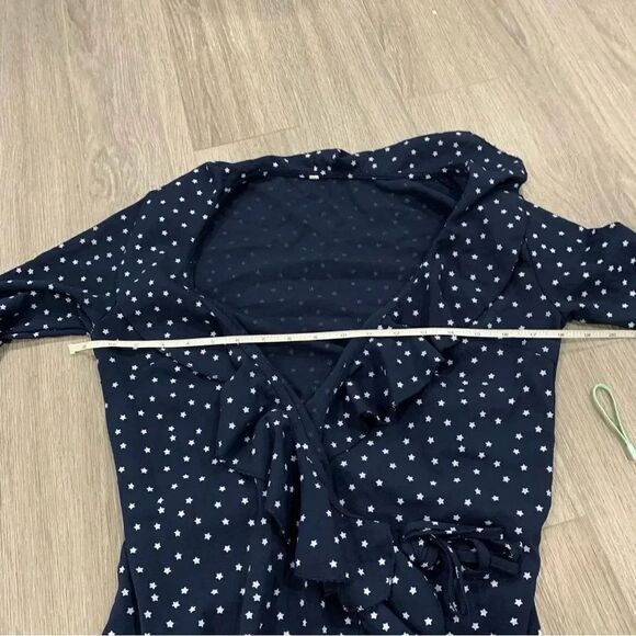 3/$25 ✺ Navy wrap dress stars ruffles  crossover long sleeve  small - Picture 4 of 7